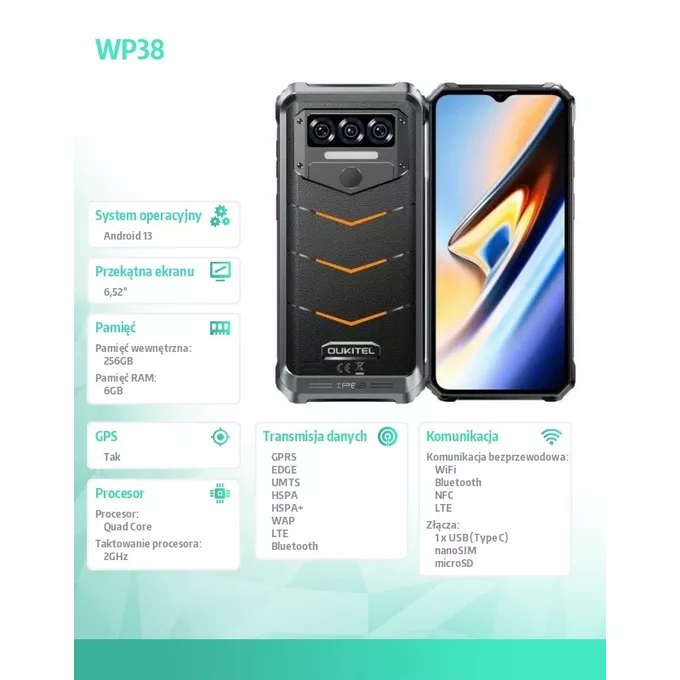 OUKITEL Smartfon WP38 6/256GB 10600 mAh DualSIM pomarańczowy