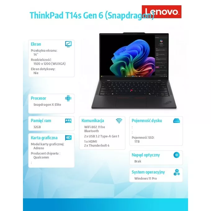 Lenovo Ultrabook ThinkPad T14s G6 21N10008PB W11Pro X1E-78-100/32GB/1TB/14 cali WUXGA/Black/3YR Premier Support + CO2 Offset