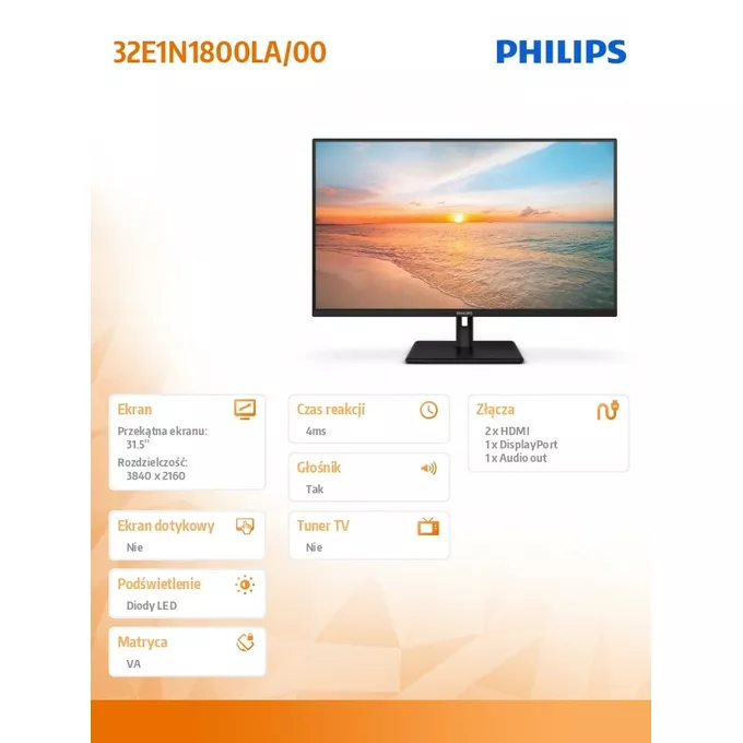 Philips Monitor 32E1N1800LA VA 31.5 cala 4K HDMIx2 DP Głośniki