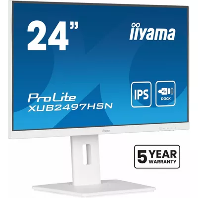 IIYAMA Monitor 24 cale XUB2497HSN-W2 IPS, USB-C Dock, HDMI, DP, 300cd, Pivot, HAS, biały /5y/