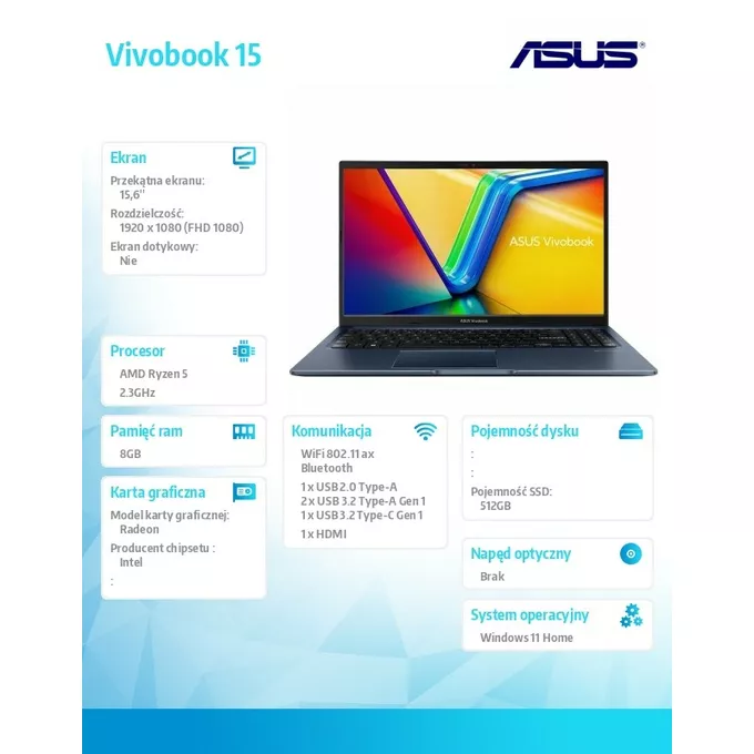 Asus Notebook Vivobook 15 M1502YA-BQ373W R5 7430U 8GB/512GB