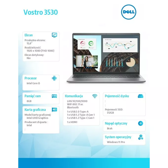 Dell Notebook Vostro 15 (3530) Win11Pro i5-1335U/8GB/512GB SSD/15.6 FHD/Intel UHD/FgrPr/Cam &amp; Mic/WLAN + BT/Backlit Kb/3 Cell/3YPS Aluminium