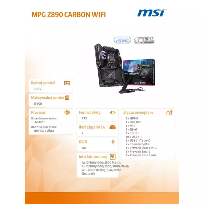 MSI Płyta główna MPG Z890 CARBON WIFI s1851 4DDR5 HDMI/DP ATX