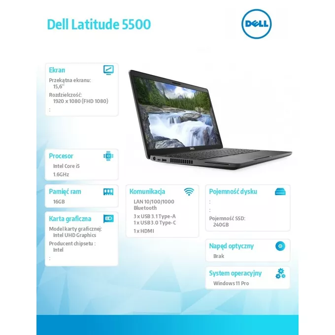 Dell Notebook poleasingowy Latitude 5500 Core i5 8265U (8-gen.)       1,6 GHz / 16GB / 240 SSD / 15,6'' FullHD / Win 11 Prof.