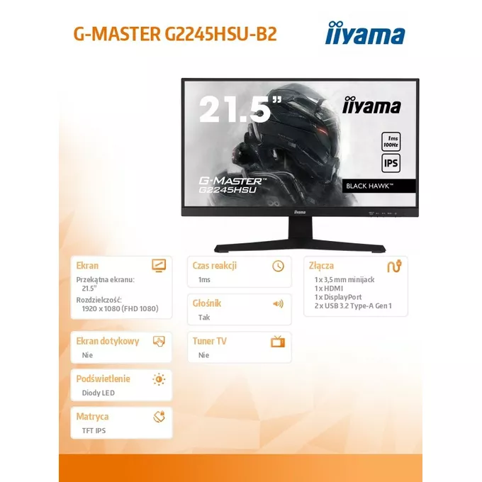 IIYAMA Monitor 22 cale G2245HSU-B2 IPS,FHD,100Hz,1ms,2xUSB,300cd