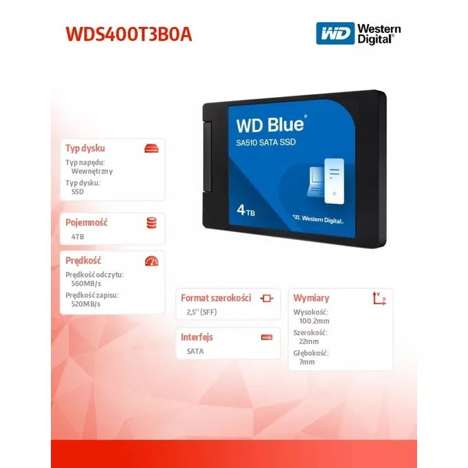 Western Digital Dysk SSD Blue 4TB SA510 2,5 cala WDS400T3B0A