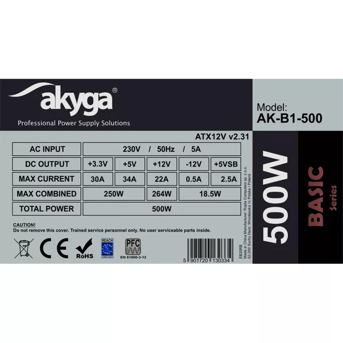 AKYGA Zasilacz ATX 500W AK-B1-500 P4 PCI-E 6+2 pin 3x SATA 2x Molex PPFC  FAN 12cm