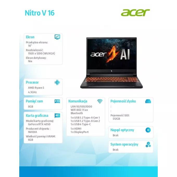 Acer Notebook Nitro V 16 ANV16-41-EP ESHELL/R5-8645HS/8GB/512GB SSD/RTX4050/16 cali