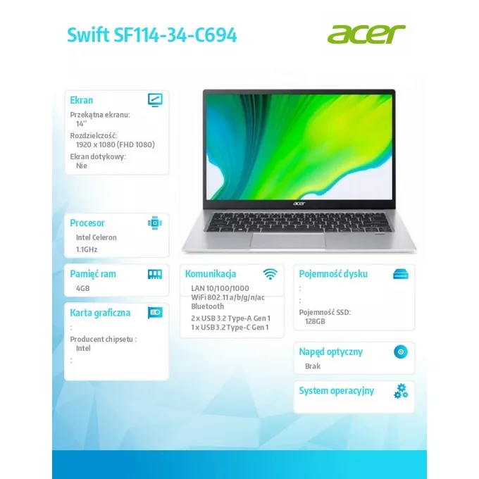 Acer Notebook Swift SF114-34-C694 Celeron N4500/14.0 FHD IPS/4GB/ 128GB SSD/Windows 11 Home