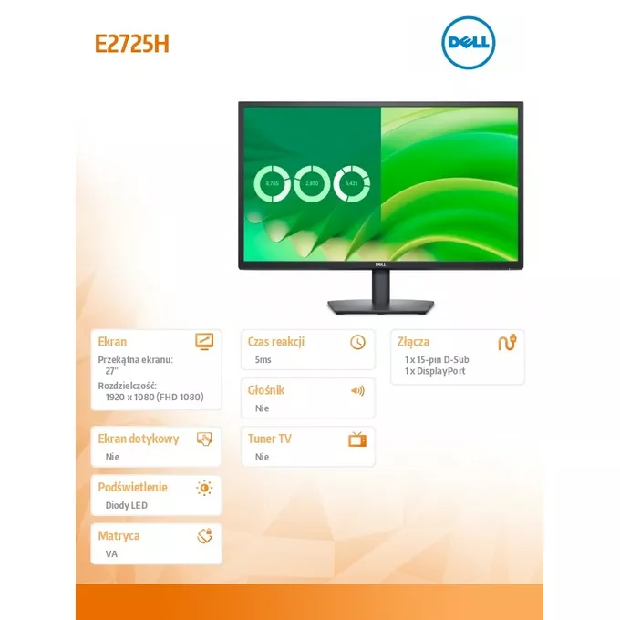 Dell Monitor E2725H 27 cali VA LED FHD/(1920x1080)/16:9/DP/VGA/3Y