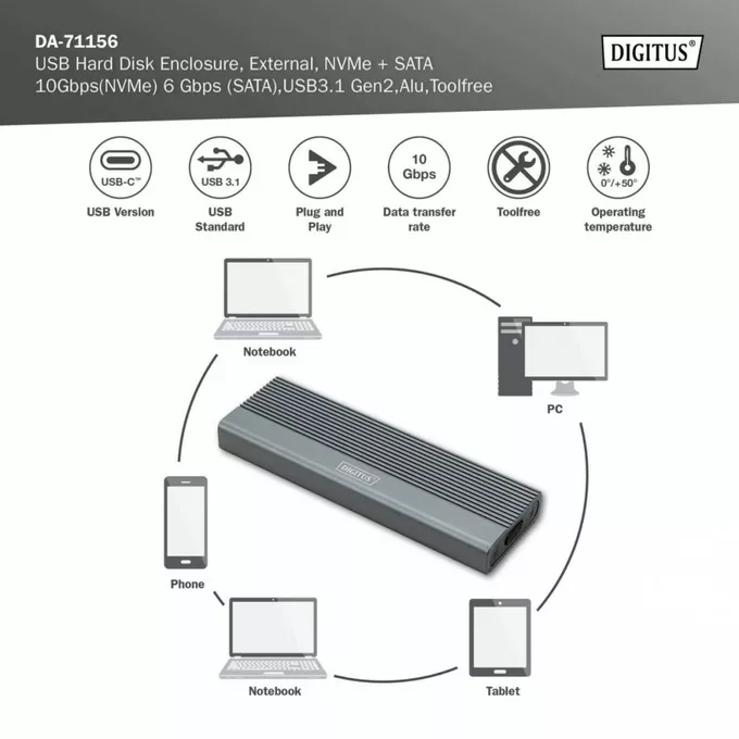 Digitus Obudowa USB 3.1 Typ C na dysk SSD M.2 NVMe 10 Gbps + SATA 6 Gbps aluminiowa, beznarzędziowa