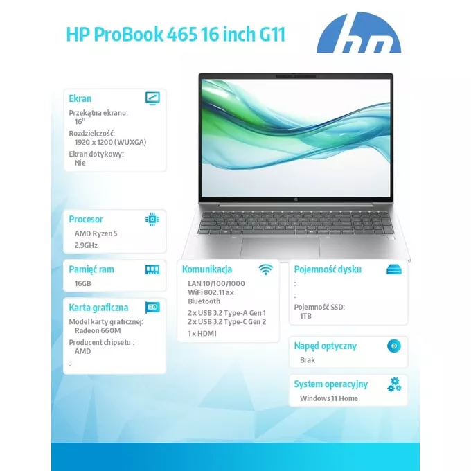 HP Notebook 465 G11 R5-7535U 16GB/1TB/16 cali WUXGA/Win11Home/ AD1J2ET