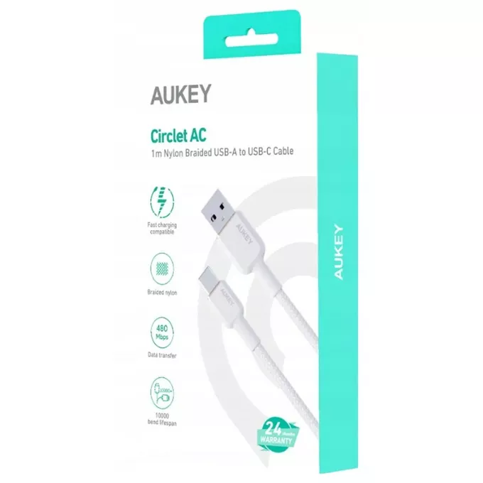 AUKEY CB-NAC1 White nylonowy kabel USB C - USB A | 1m | 3A | 60W PD | 20V