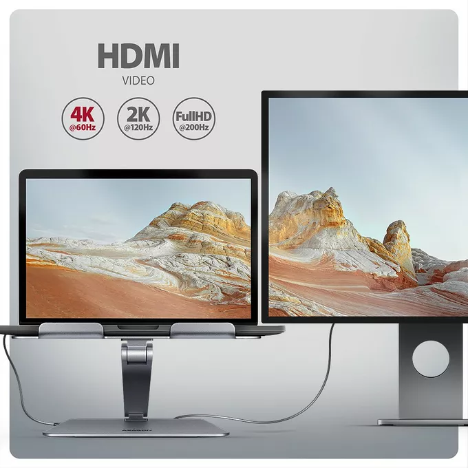 AXAGON HMC-STND Stojak z wieloportowy hub Aluminiowy 7in1, 5Gbps, do 10&quot;-16&quot; cali laptopów, nastawny, 3x USB-A, HDMI 4K/60Hz, GLAN, PD 100W, 60cm USB-C kabel