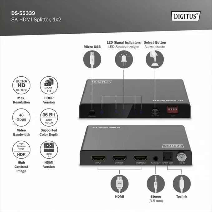 Digitus Rozdzielacz/Splitter HDMI 1x2, 8K/60Hz (4:4:4) z HDR, 48 Gbps, HDCP 2.3. Toslink / Stereo , EDID