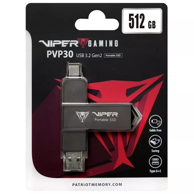 Patriot Dysk zewnętrzny SSD 512GB PVP30 Duo Compact 1000/1000 MB/s USB 3.2 USB-C