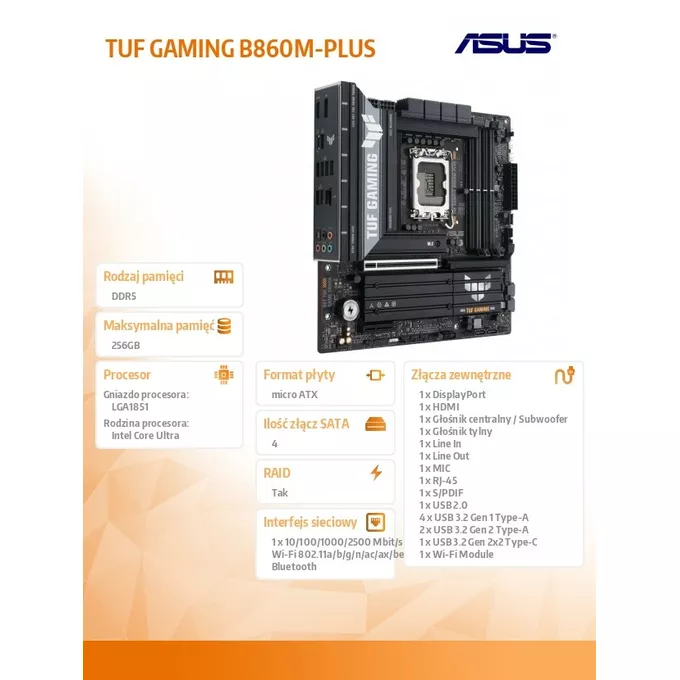 Asus Płyta główna TUF GAMING B860M-PLUS s1851 4DDR5 USBC mATX