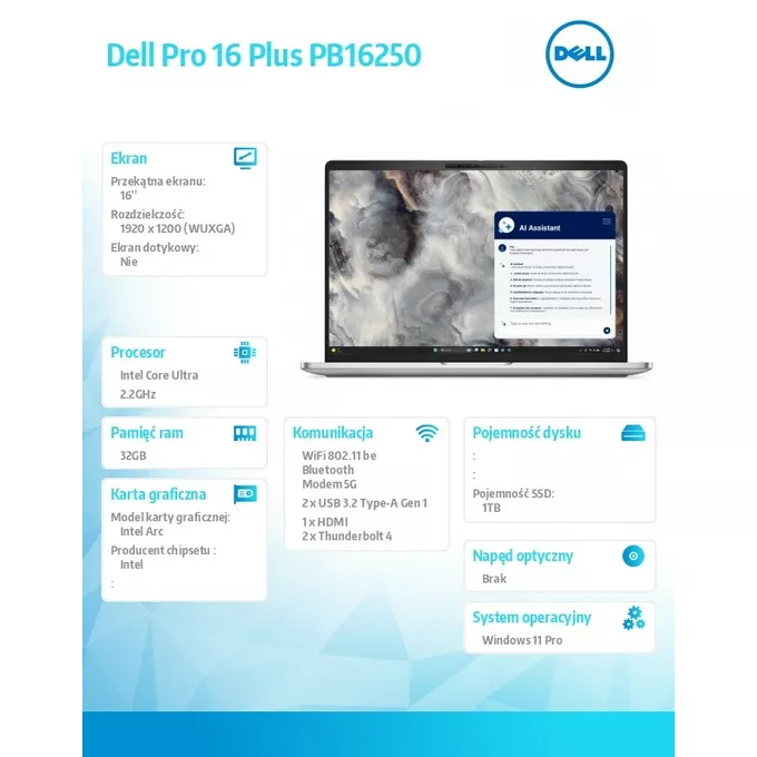 Dell Laptop Dell Pro 16 Plus PB16250 W11P Ultra 7 268V/32GB/1TB/16.0 FHD+/Arc/FgrPr&amp;SmtCd/FHD/IRCam/Mic/WLAN+BT/BcklKb/3C/vPro/3YPS Aluminum