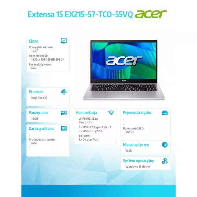 Acer Notebook Extensa EX215-57-TCO-55VQ  WIN11H/i5-1334U/16GB/512SSD/UMA/15.6 cala