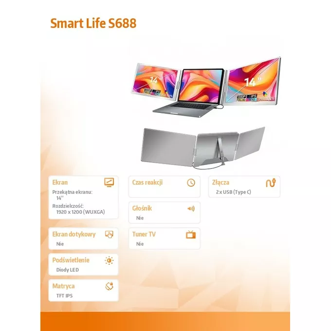 Extralink Przenośne monitory do laptopa Smart Life S688 14'', 2 monitory  IPS,1920x1200