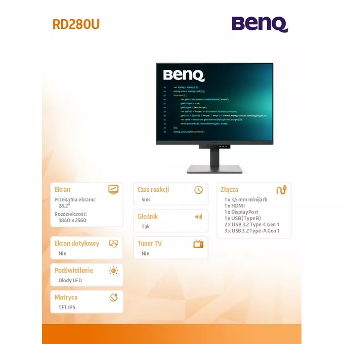 Benq Monitor 28 cali RD280U 4K IPS 5ms/IPS/1200:1/HDMI/DP