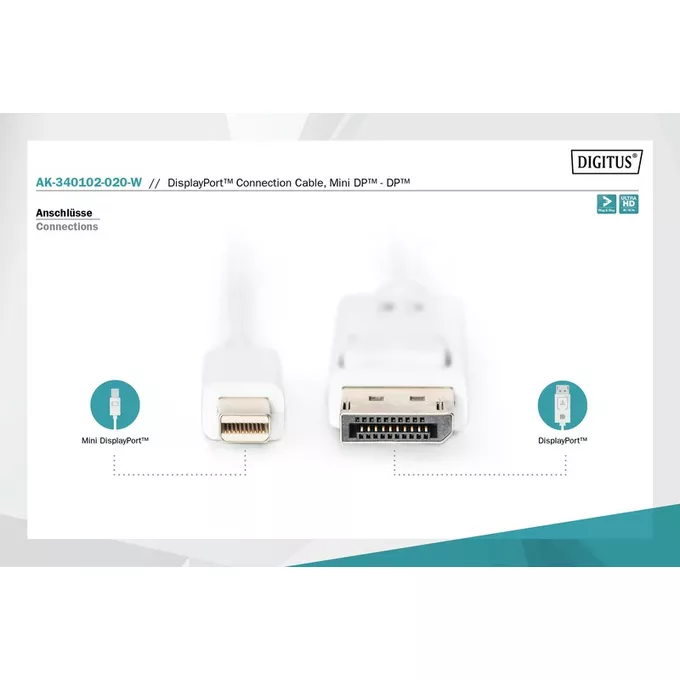 Digitus Kabel połączeniowy Displayport 4K 60Hz UHD Typ miniDP/DP M/M biały 2m