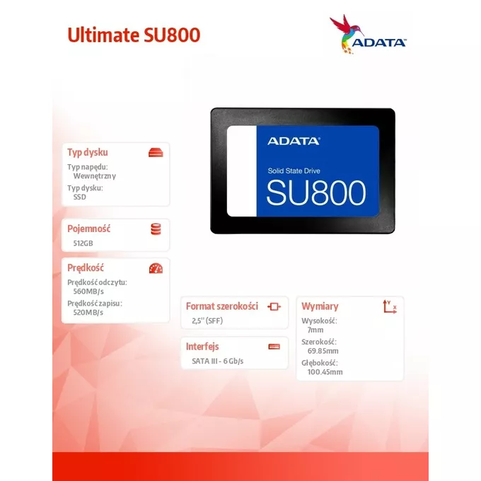 Adata Dysk SSD Ultimate SU800 512GB S3 560/520 MB/s TLC 3D