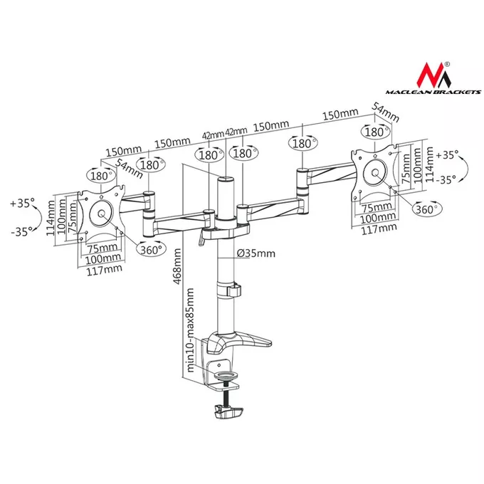 Maclean Uchwyt biurkowy do dwóch monitorów LCD MC-714 13-27&quot; 8kg aluminiowy