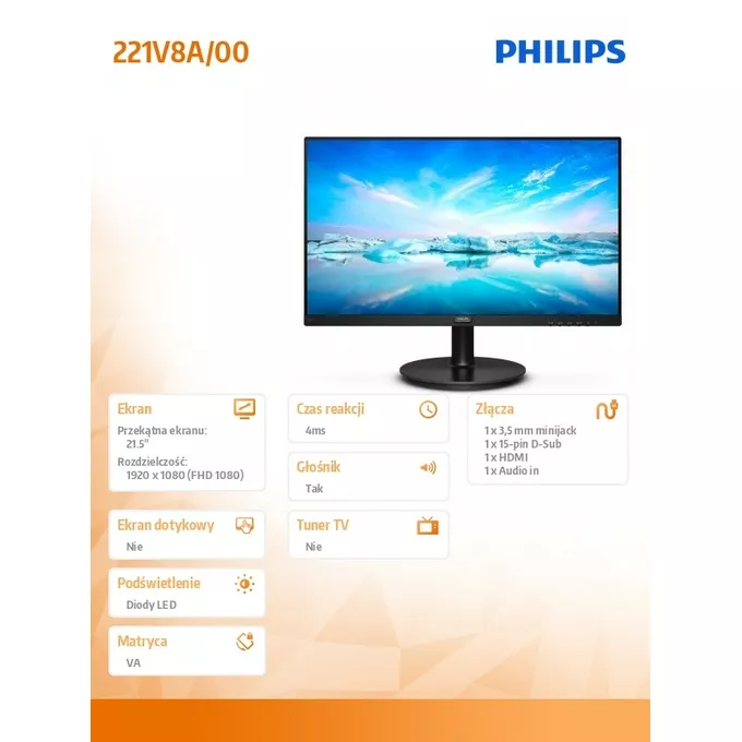 Philips Monitor 21.5 cali 221V8A VA HDMI Głośniki