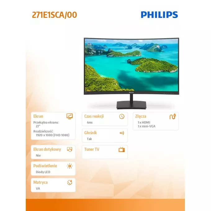 Philips Monitor 271E1SCA 27 cali Curved VA HDMI FreeSync