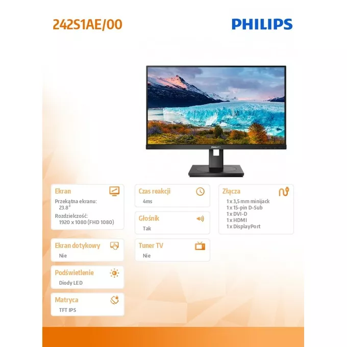 Philips Monitor 242S1AE 23.8 IPS DVI HDMI DP Pivot