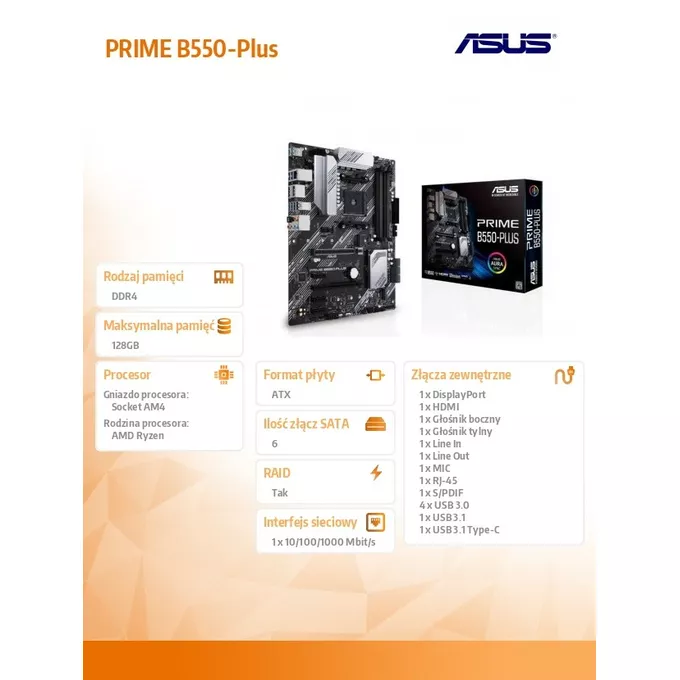 Asus Płyta główna PRIME B550-PLUS AM4 4DD R4 HDMI/DP M.2 ATX