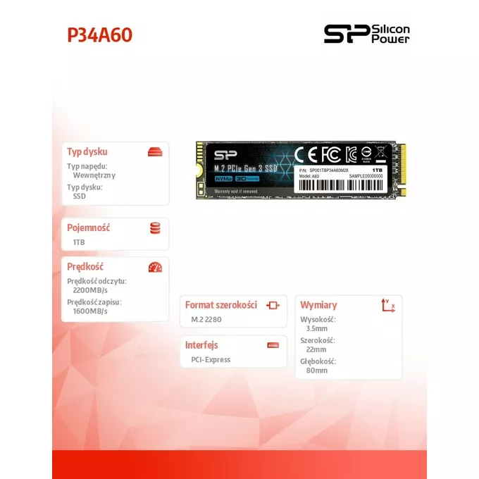 Silicon Power Dysk SSD P34A60 1TB PCIE M.2 NVMe 2200/1600 MB/s