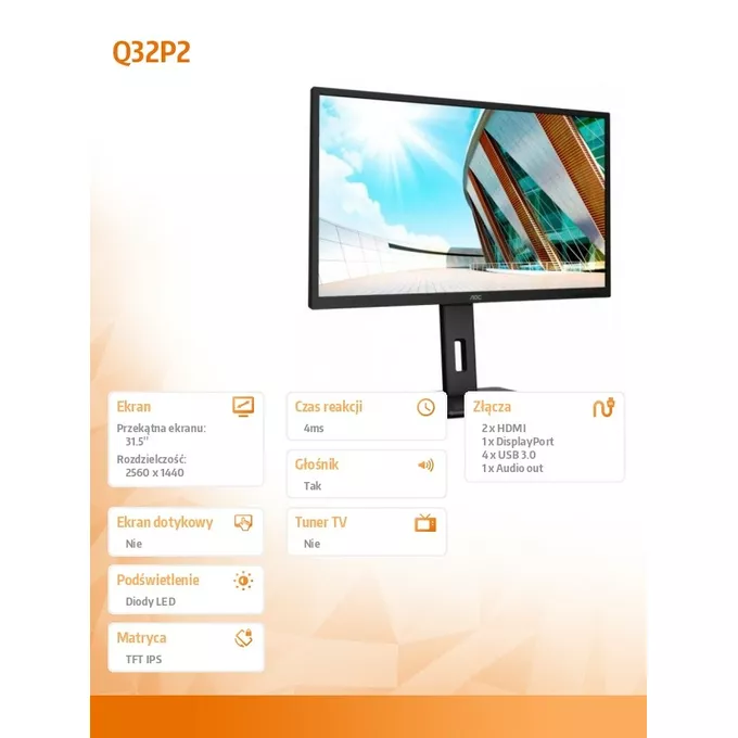 AOC Monitor Q32P2 31.5 cala IPS HDMIx2 DP regulacja wysokości