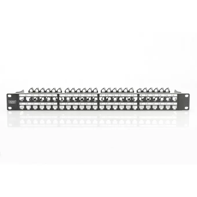 Modułowy panel krosowy (patch panel) o dużej gęstości połączeń, 19&quot; 48x keystone, ekranowany, 1U, Czarny