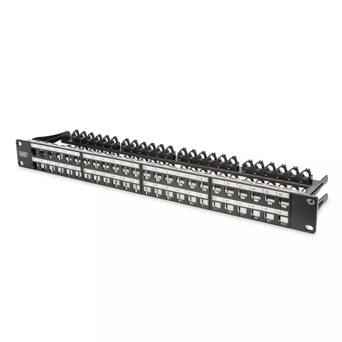 Modułowy panel krosowy (patch panel) o dużej gęstości połączeń, 19&quot; 48x keystone, ekranowany, 1U, Czarny