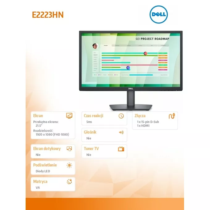 Dell Monitor E2223HN 21,5 cali LED VA Full HD (1920x1080) /16:9/HDMI/VGA/3Y AES