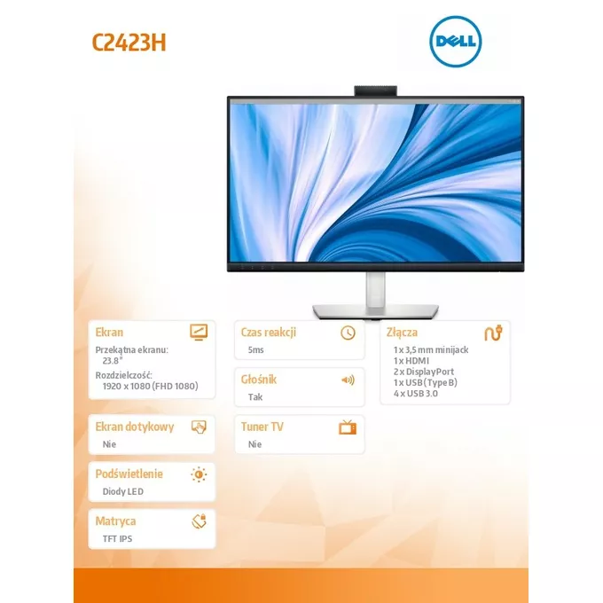 Dell Monitor Video Conferencing C2423H 23,8 cali LED IPS Full HD (1920x1080)/16:9/HDMI/DP/Kamera/Głośniki/Mikrofon/3Y AES&amp;PPG