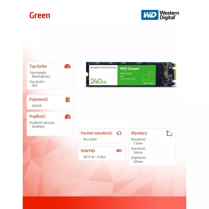 Western Digital Dysk SSD Green 240GB SATA M.2 2280 WDS240G3G0B