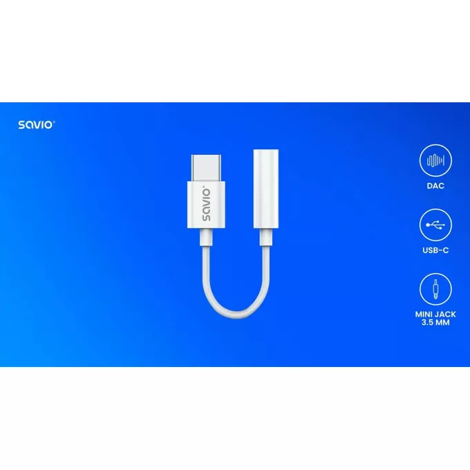 Savio Adapter USB-C - Mini Jack 3,5mm, Xiaomi, Huawei, Oppo,  AK-51