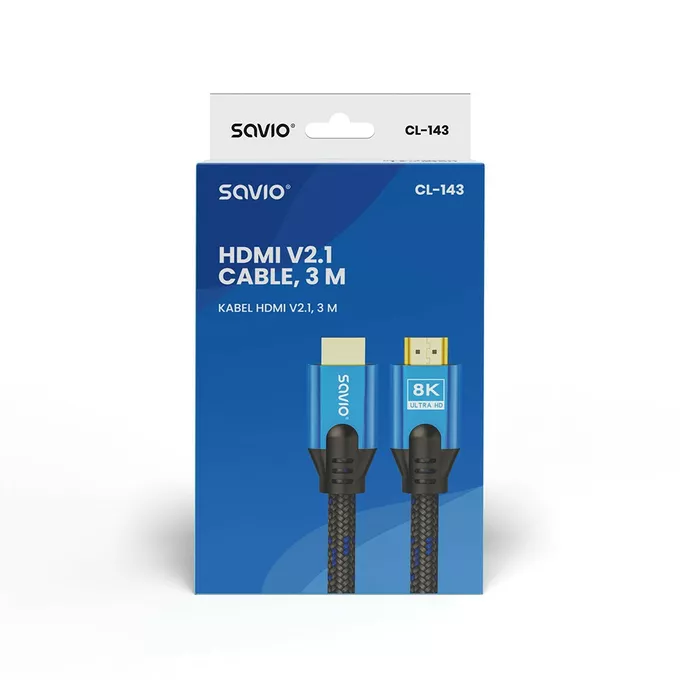 Savio Kabel HDMI (M) v2.1, 3m, 8K, miedź, niebiesko-czarny, złote końcówki, ethernet/3D, CL-143