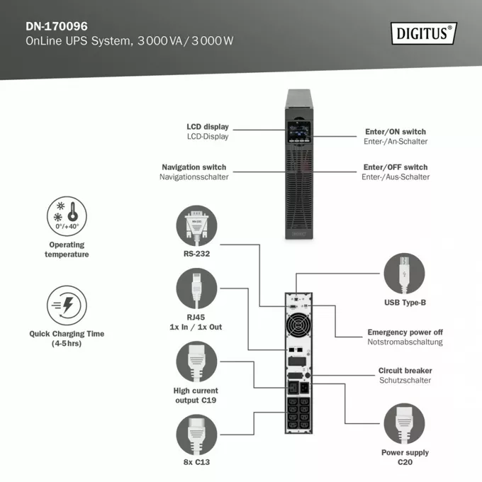 Digitus Zasilacz awaryjny UPS Online Rack 19&quot; LCD, 3000VA/3000W, 6x12V/9Ah, 8xC13, 1xC19, USB, RS232, RJ45