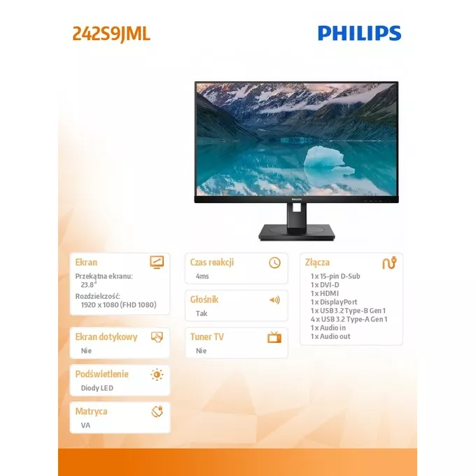 Philips Monitor 23,8 cali 242S9JML VA DVI HDMI DP Pivot