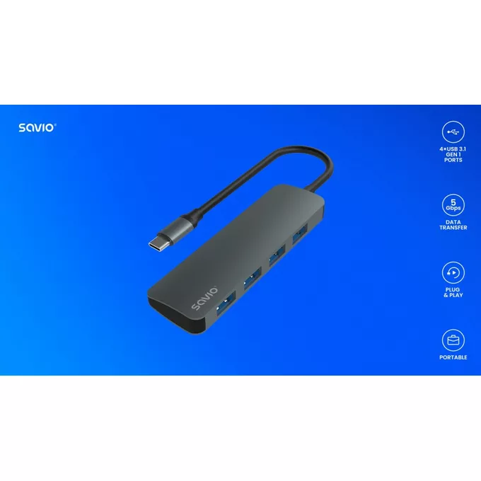 Savio HUB 4-portowy USB 3.1 Gen.1, AK-54