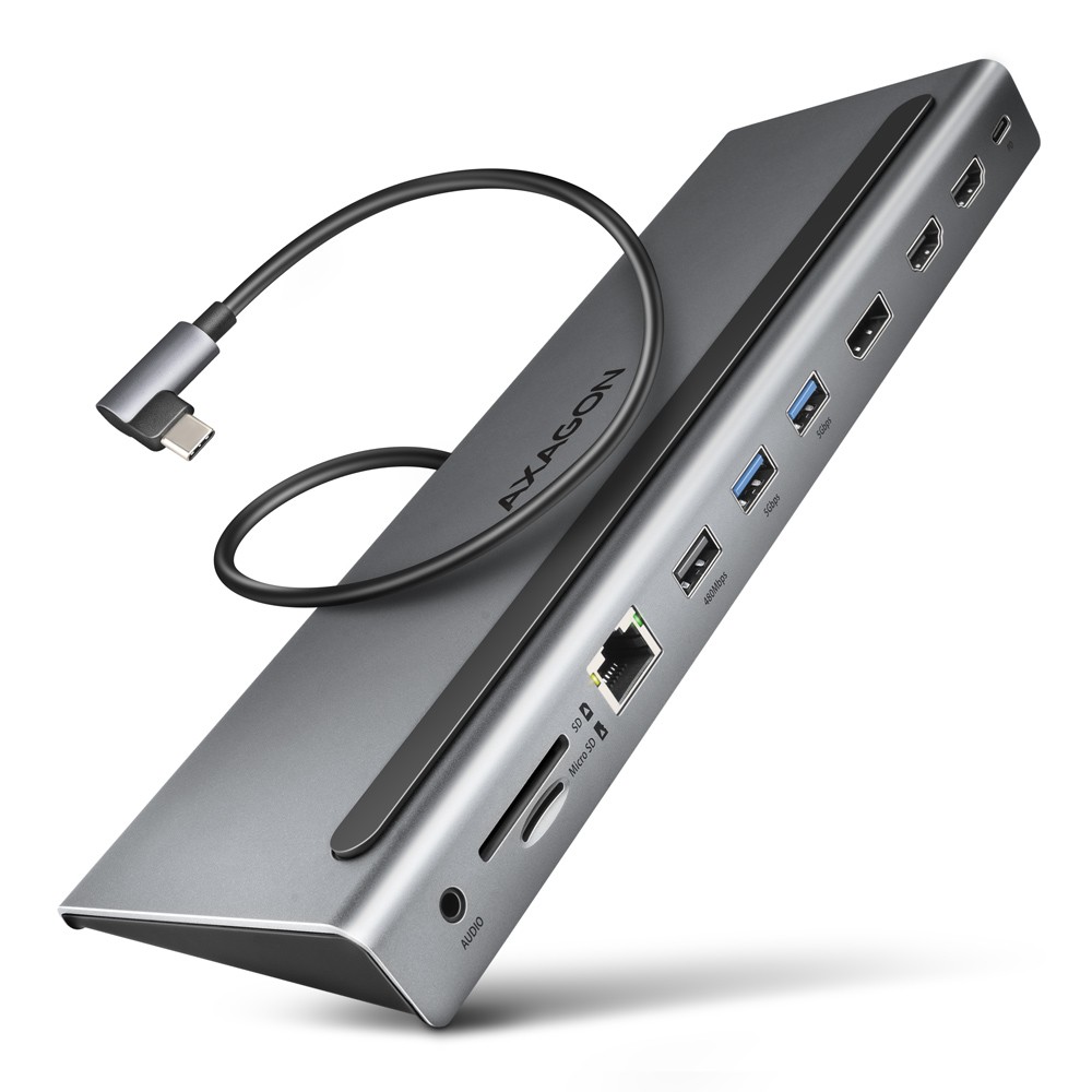 AXAGON HMC-4KX3 Wieloportowy hub USB 11in1, 5Gbps, 3x USB-A, 2x HDMI 4K/60Hz+ DP 4K/60Hz+ GLAN + SD/microSD + audio, PD 100W, 40cm USB-C kabel