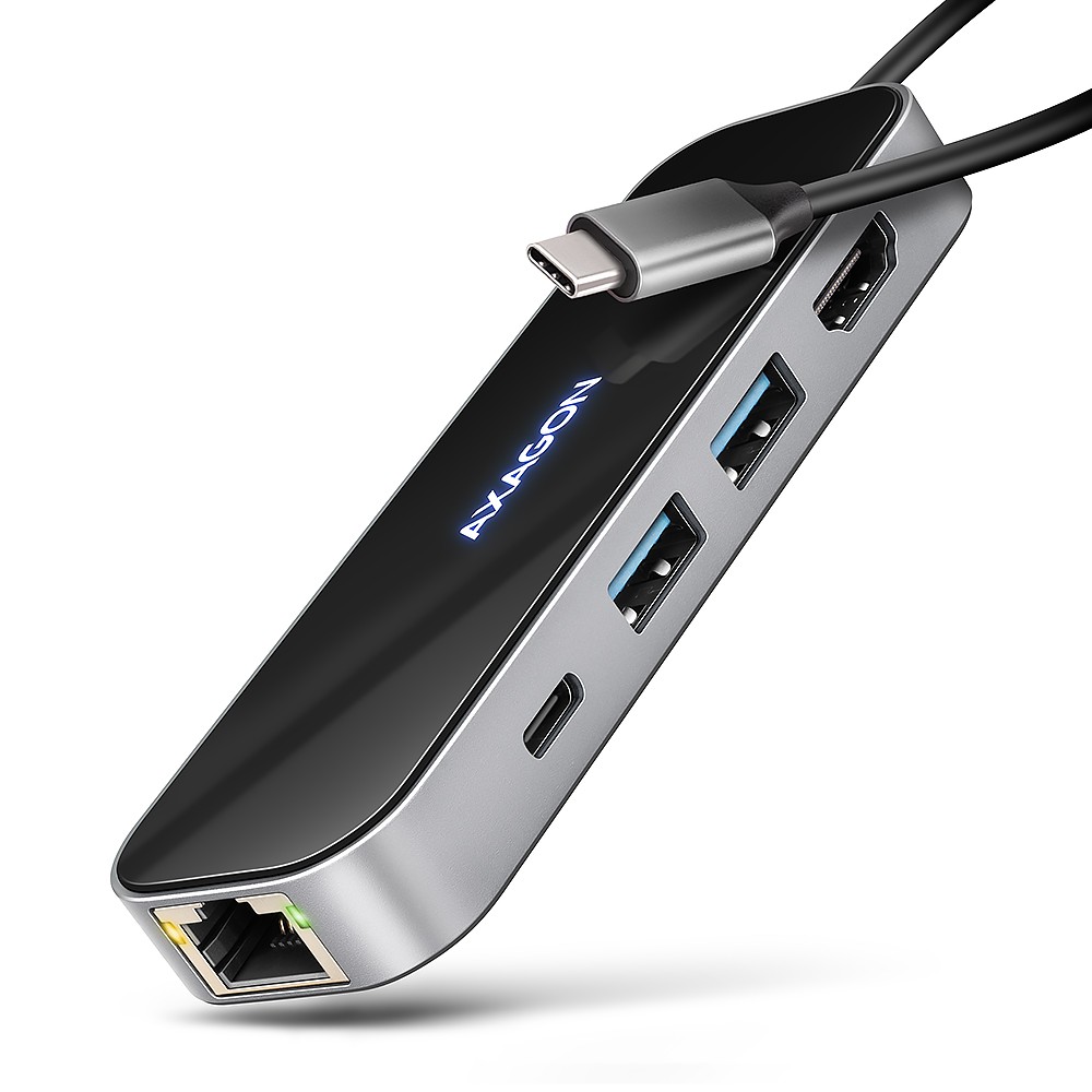 AXAGON HMC-6GLN Wieloportowy hub USB 6in1, 5Gbps, 2xUSB-A, 1x USB-C, GLAN, HDMI 4K/60Hz, PD 100W, 20cm USB-C kabel